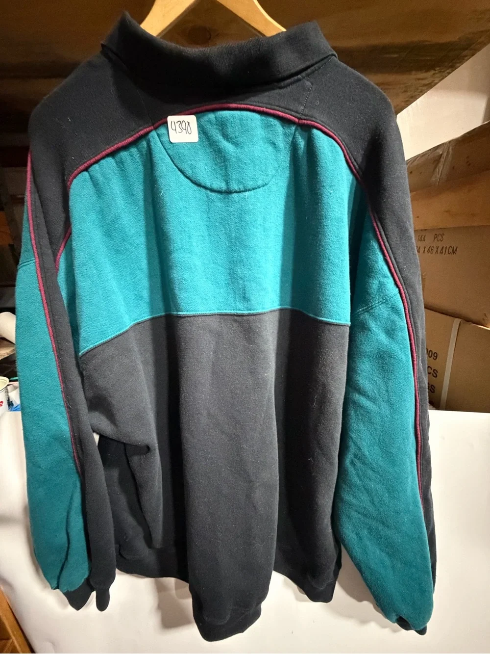 #4390-Men's Teal and Black Rugby Sweater - Classic Colorblock Pullover